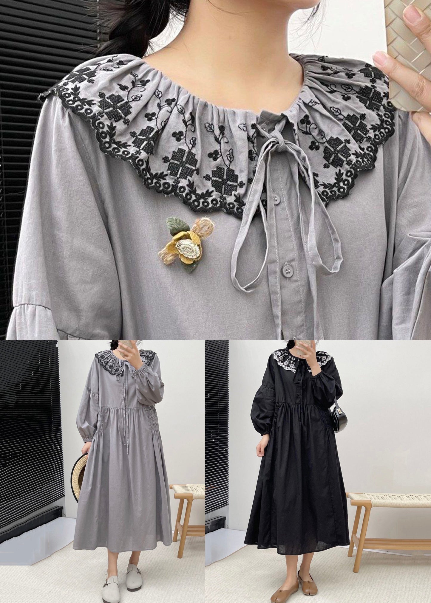 Grey Button Wrinkled Cotton Dresses Embroidered Long Sleeve NN004