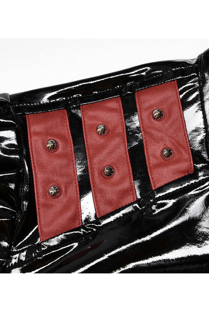 Crimson & Charcoal Patent Leather Lapel Pleated Slim Faux Leather Long Sleeve Punk Jacket