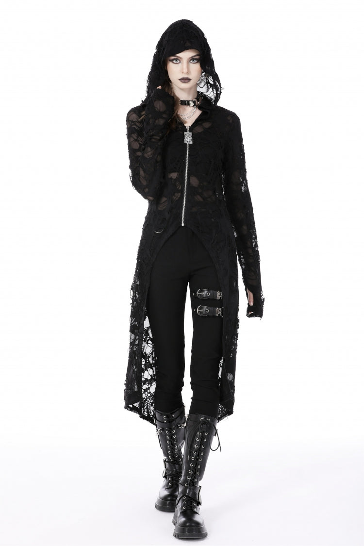 Ebony Long-Sleeve Ripped Zip Punk Long Hooded Coat