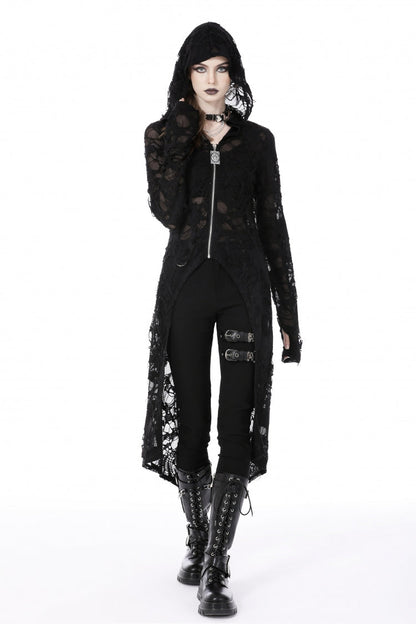 Ebony Long-Sleeve Ripped Zip Punk Long Hooded Coat