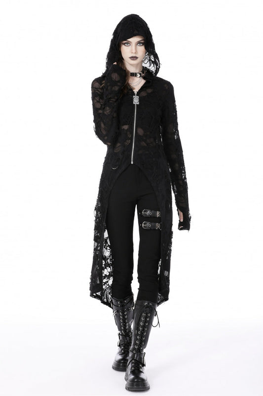 Ebony Long-Sleeve Ripped Zip Punk Long Hooded Coat