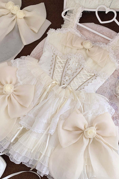 Sweet Princess Lolita JSK Gown with Multi-Layer Ruffles, Hanayome Bow & Lace-Up