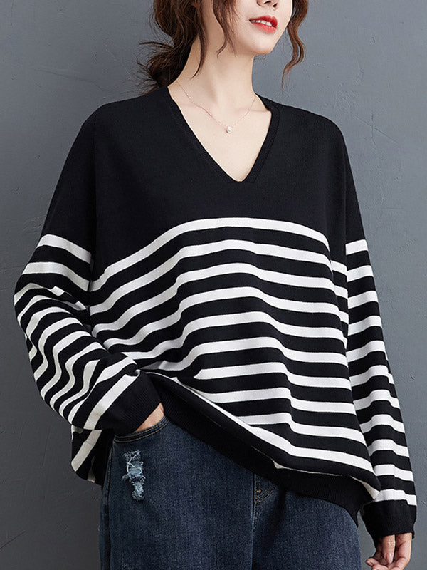 Casual Loose Black V-Neck Contrast Color Striped Long Sleeve Knit Sweater AN1035