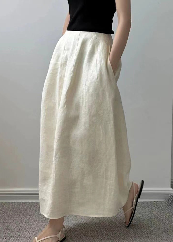 Cotton Beige Solid Pockets High Skirts Summer Waist New