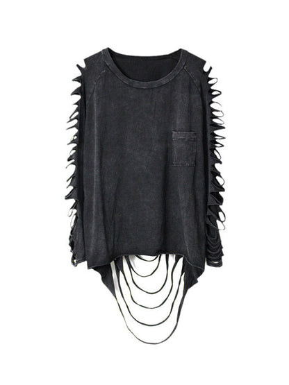 Black Sleeves T-shirt Out Long Round-neck Street Loose Hollow