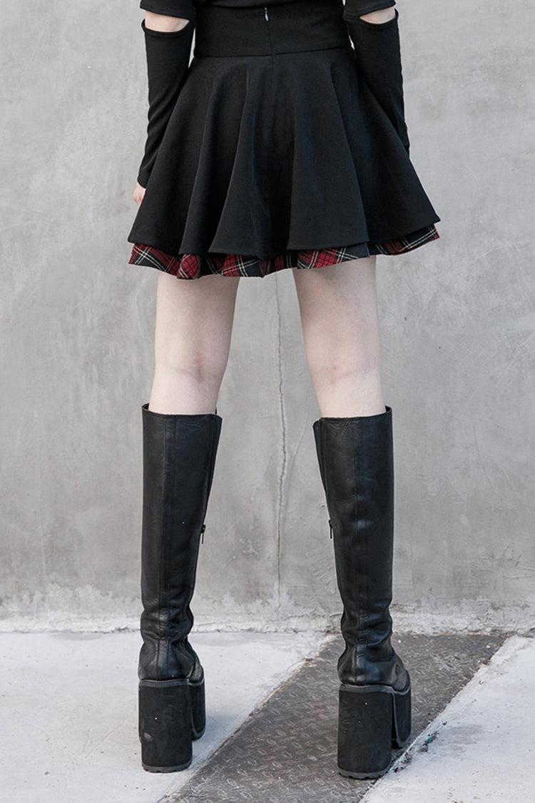 Crimson & Obsidian Splice Plaid Metal Zipper Decoration Pleated Punk Skirt