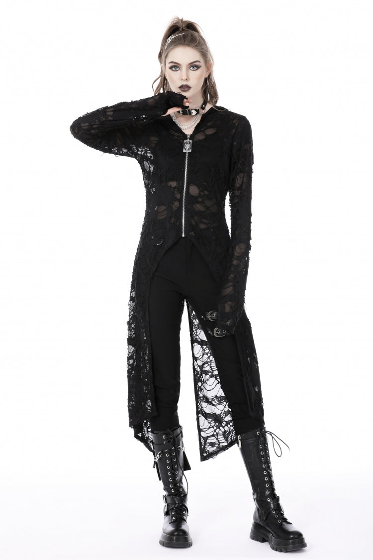 Ebony Long-Sleeve Ripped Zip Punk Long Hooded Coat