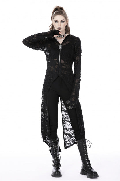 Ebony Long-Sleeve Ripped Zip Punk Long Hooded Coat