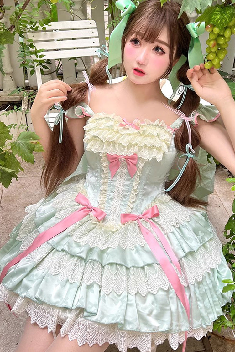 Emerald Mint Multi-Layered Ruffle Bow Lace Ballet Sweet Dress
