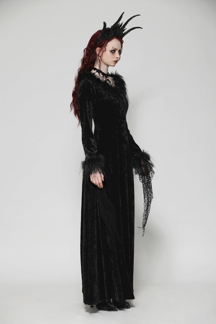 Ebony Long-Sleeve Velvet Lace Gothic Maxi Wedding Gown