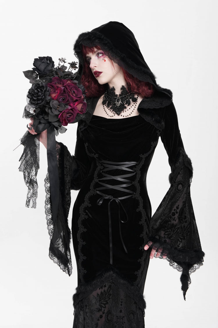 Ebony Flared-Sleeve Embroidered Lace Hooded Sheer Gothic Dress