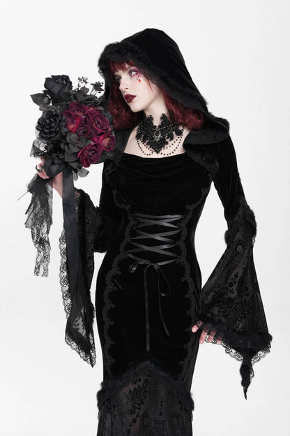 Ebony Flared-Sleeve Embroidered Lace Hooded Sheer Gothic Dress