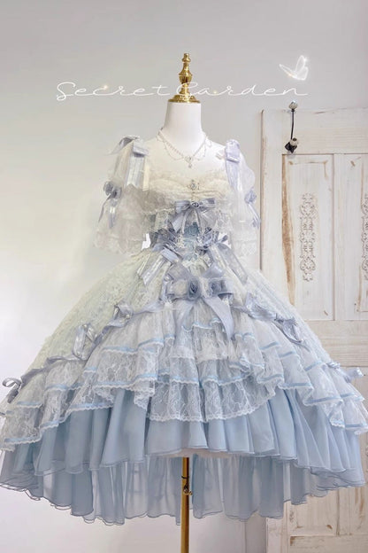 Azure Diane Rose Short Sleeve Multi-Layered Jacquard Ruffle Hanayome Cardigan Bow Lace Sweet Lolita Gown