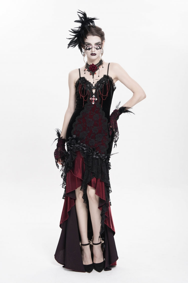 Crimson & Obsidian Sleeveless Cross Ruffled Floral Embroidered Chain-Decorated Gothic Long Slip Dress