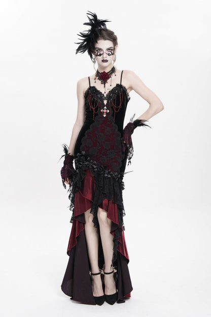 Crimson & Obsidian Sleeveless Cross Ruffled Floral Embroidered Chain-Decorated Gothic Long Slip Dress