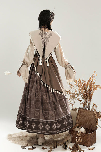 Mysterious Tribe Lantern Sleeve Chinese Style Lolita Dress - Asymmetric Ruffle
