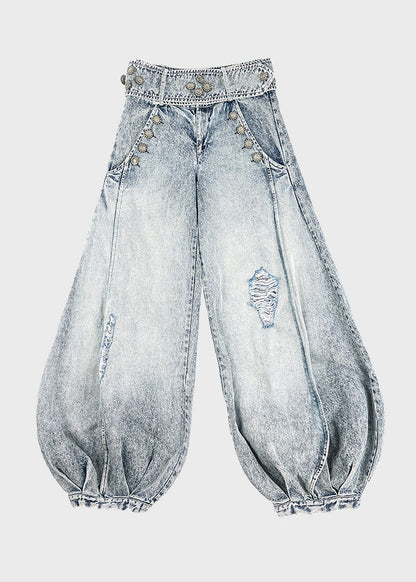 Pants Spring Wide Blue Leg Denim Style Light Waist High Ripped