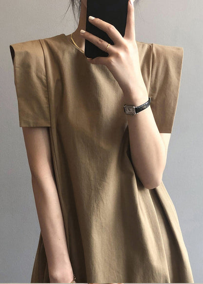Day Khaki Cotton Elegant Sleeveless Dress O-Neck