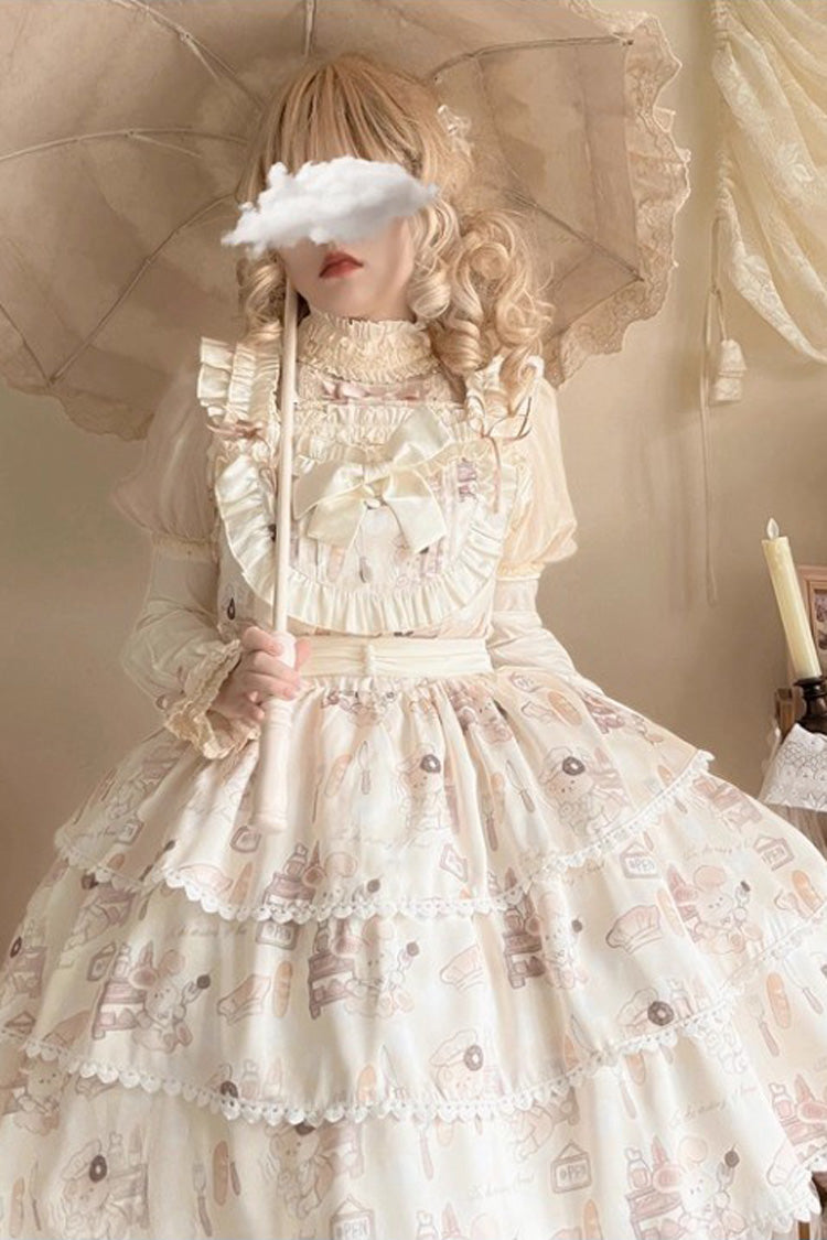 Plus Size Sweet Lolita JSK Gown with Triple-Layer Ruffles & Printed Bow