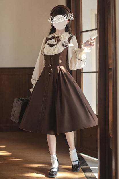 Sunset Academy Vintage College Lolita Dress with Ruffle Bowknot - Long Sleeves