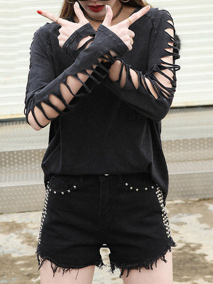 Black Sleeves T-shirt Out Long Round-neck Street Loose Hollow