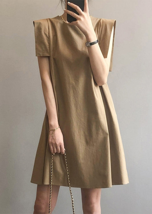 Day Khaki Cotton Elegant Sleeveless Dress O-Neck