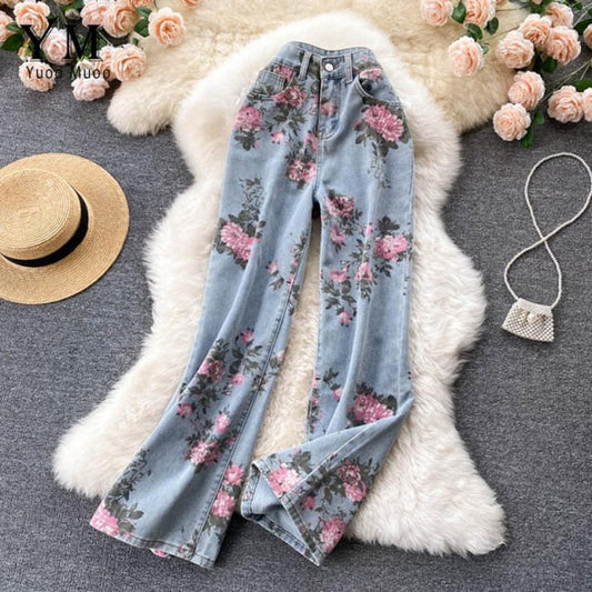 Women Blue Rose Print Wide Leg Denim Pants AR1016