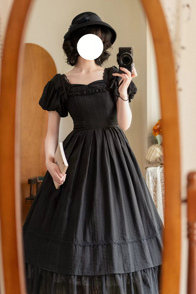Ebony Square-Collar Short-Sleeve Bow Vintage Gown - Forest Gallery