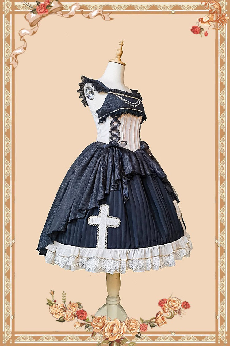 Gothic Lolita Dress with Cross Embroidery, Ruffle and Eternal Life Song Print