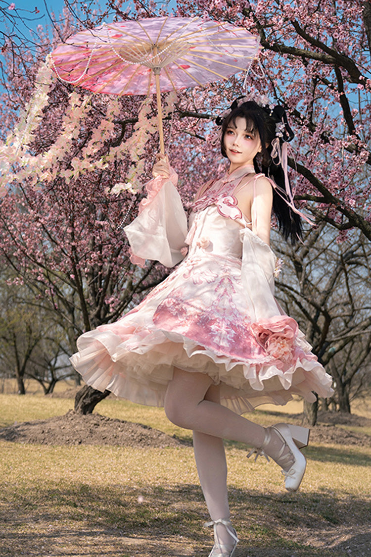 Blush Multi-Layered Print Ruffle Bow Chinese Style JSK - Flower Feast