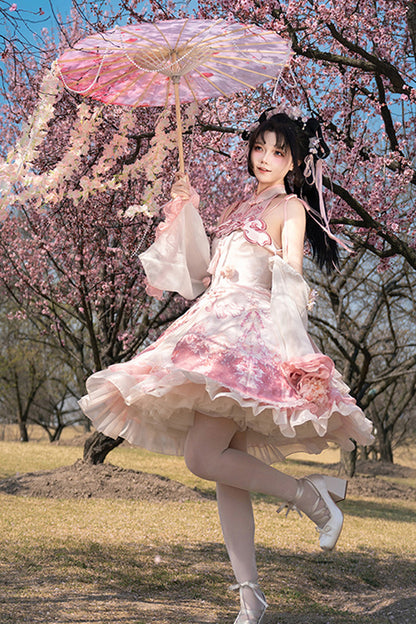 Blush Multi-Layered Print Ruffle Bow Chinese Style JSK - Flower Feast