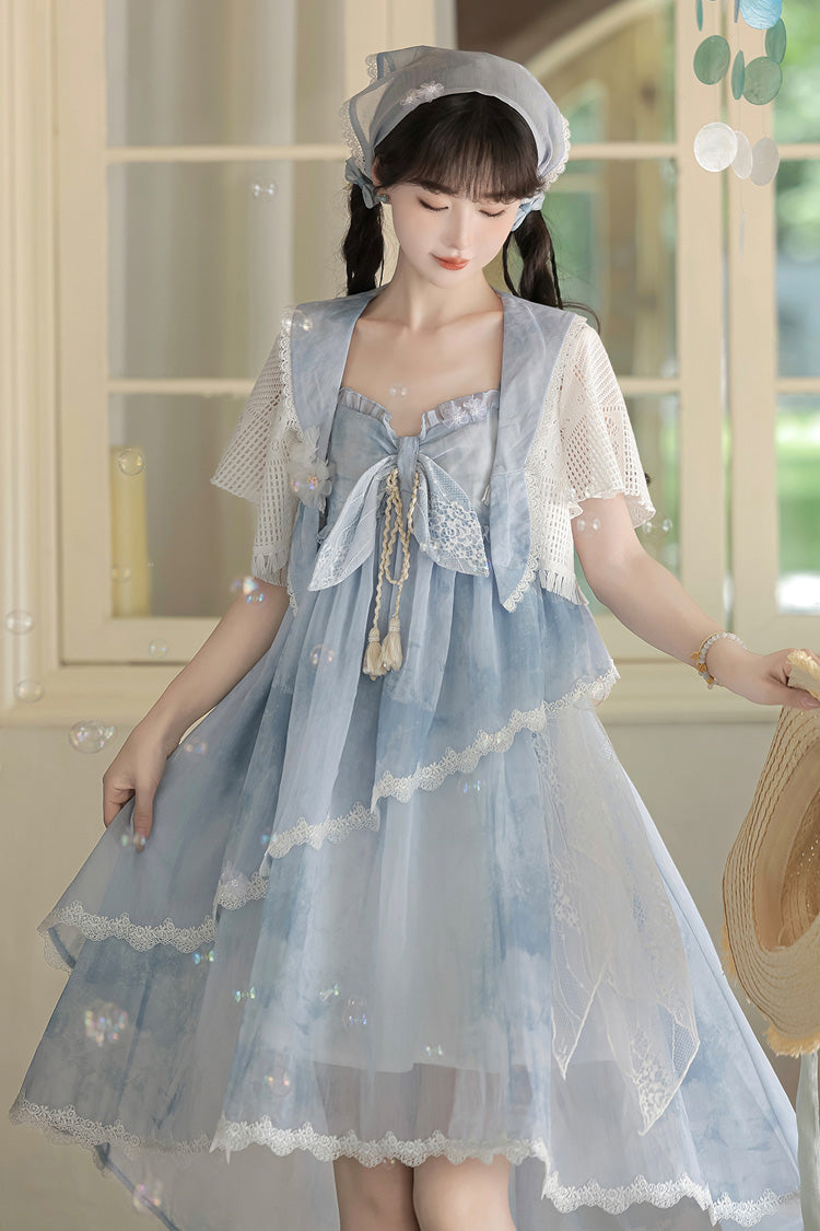Azure Clouds Resting in the Wilderness Print Ruffle Embroidery Bow Lace Irregular Lolita Jumper Dress
