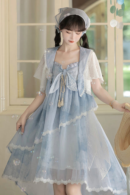 Azure Clouds Resting in the Wilderness Print Ruffle Embroidery Bow Lace Irregular Lolita Jumper Dress