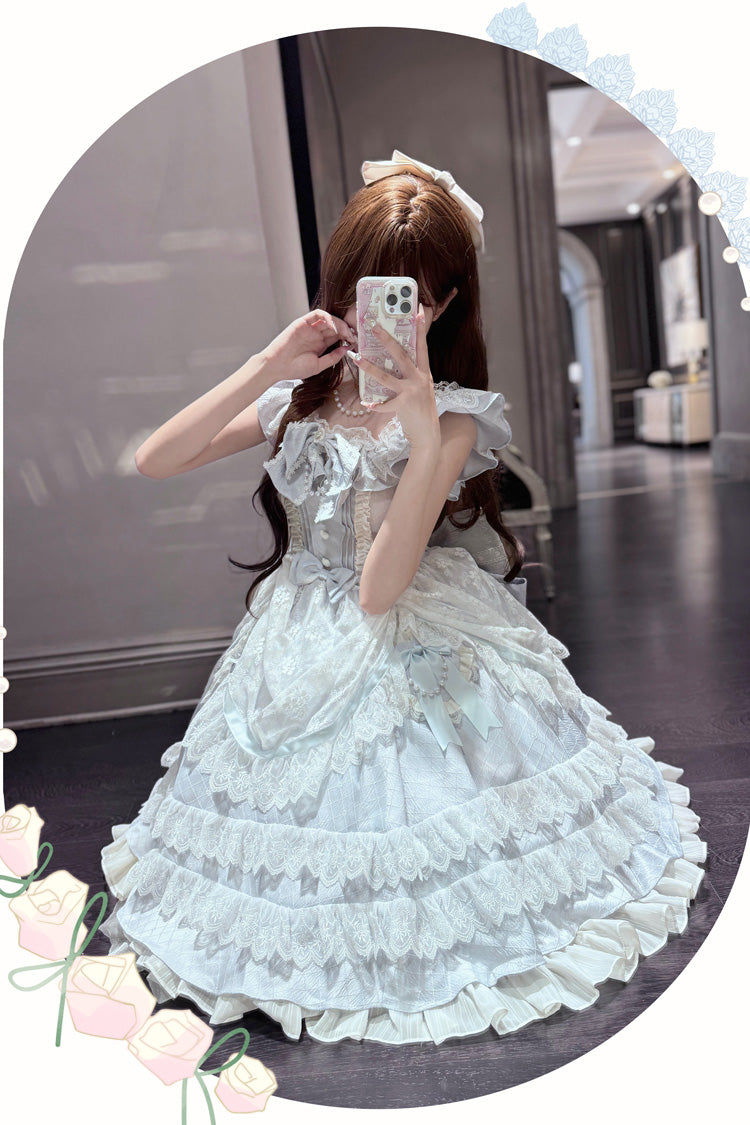 Azure Fairy Tale Advent Multi-Layered Ruffle Bow Lace Sweet Princess Gorgeous Lolita Tiered Gown