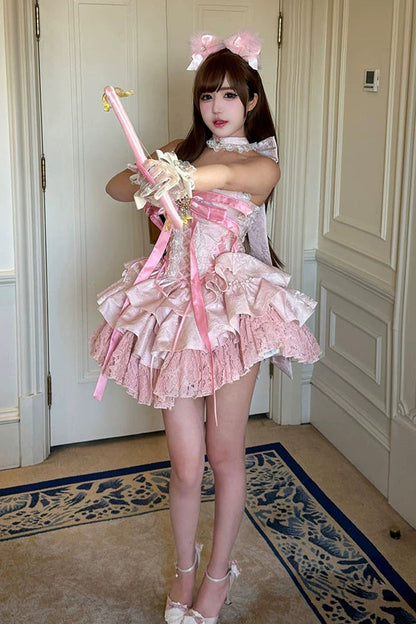 Blush Layered Ruffle Bow Lace-Up Ballerina JSK - Kitten Sweetheart