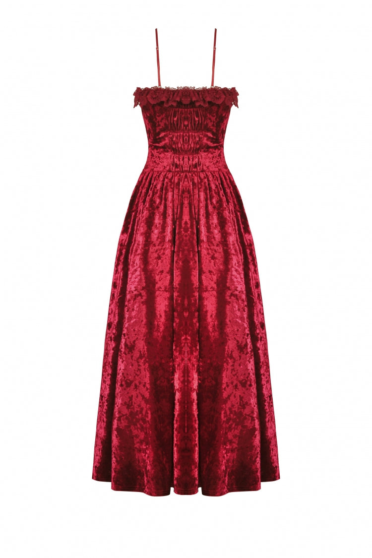 Crimson Sleeveless Gothic Velvet Slip Maxi Dress with Lace and Chains