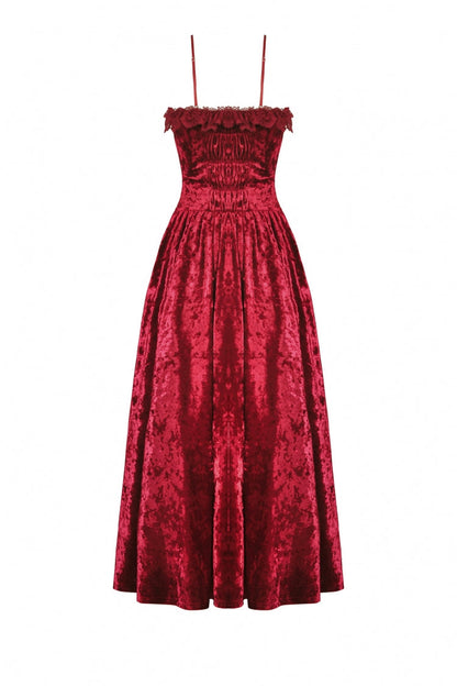 Crimson Sleeveless Gothic Velvet Slip Maxi Dress with Lace and Chains