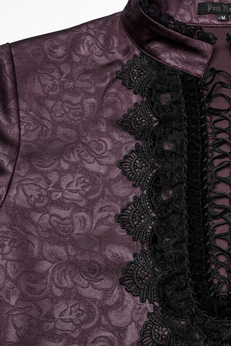 Crimson High-Neck Gothic Ruffled Rose Blouse with Lace-Up Plunge