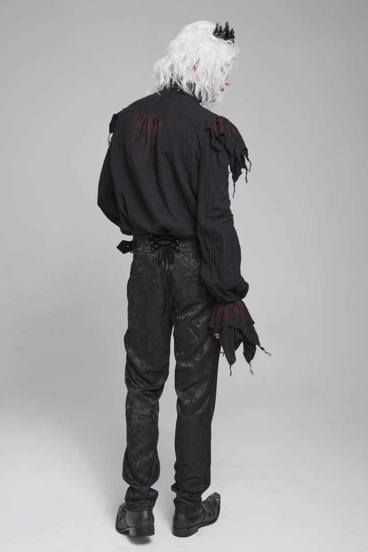 Crimson & Obsidian Stand Collar Long Sleeves Ruffled Plunging Gothic Shirt