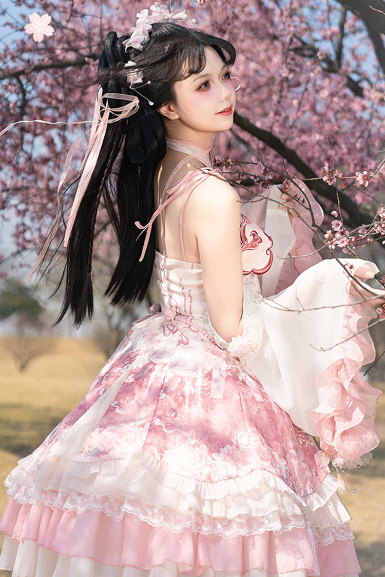 Blush Multi-Layered Print Ruffle Bow Chinese Style JSK - Flower Feast