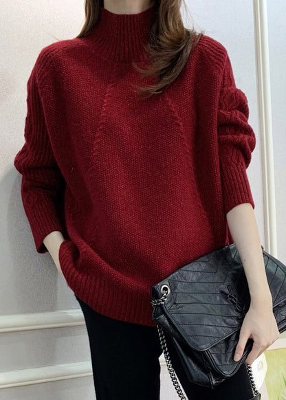 Women Red Turtleneck Cozy Cotton Knit Sweater Fall QX033