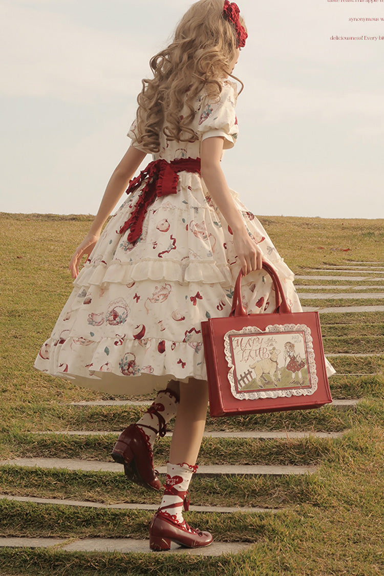 Ivory Apple Tea Print Short-Sleeve Country Ruffle Bow Sweet Lolita Dress Plus Size