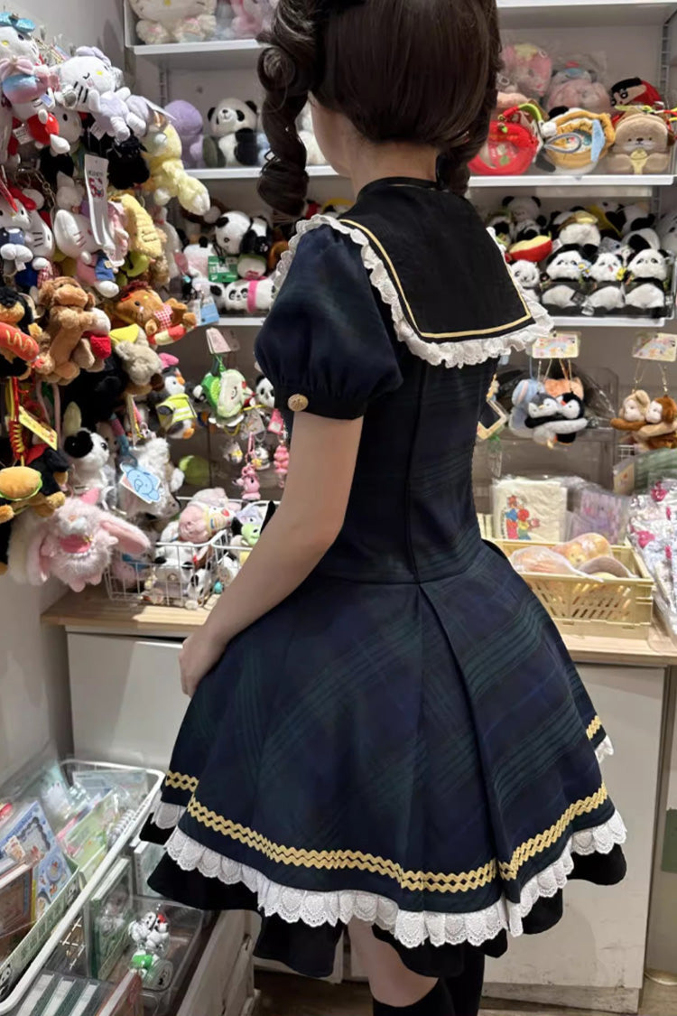 Azure Dalmatian Print Short Sleeve Ruffle Bow Slim Sweet Lolita Gown
