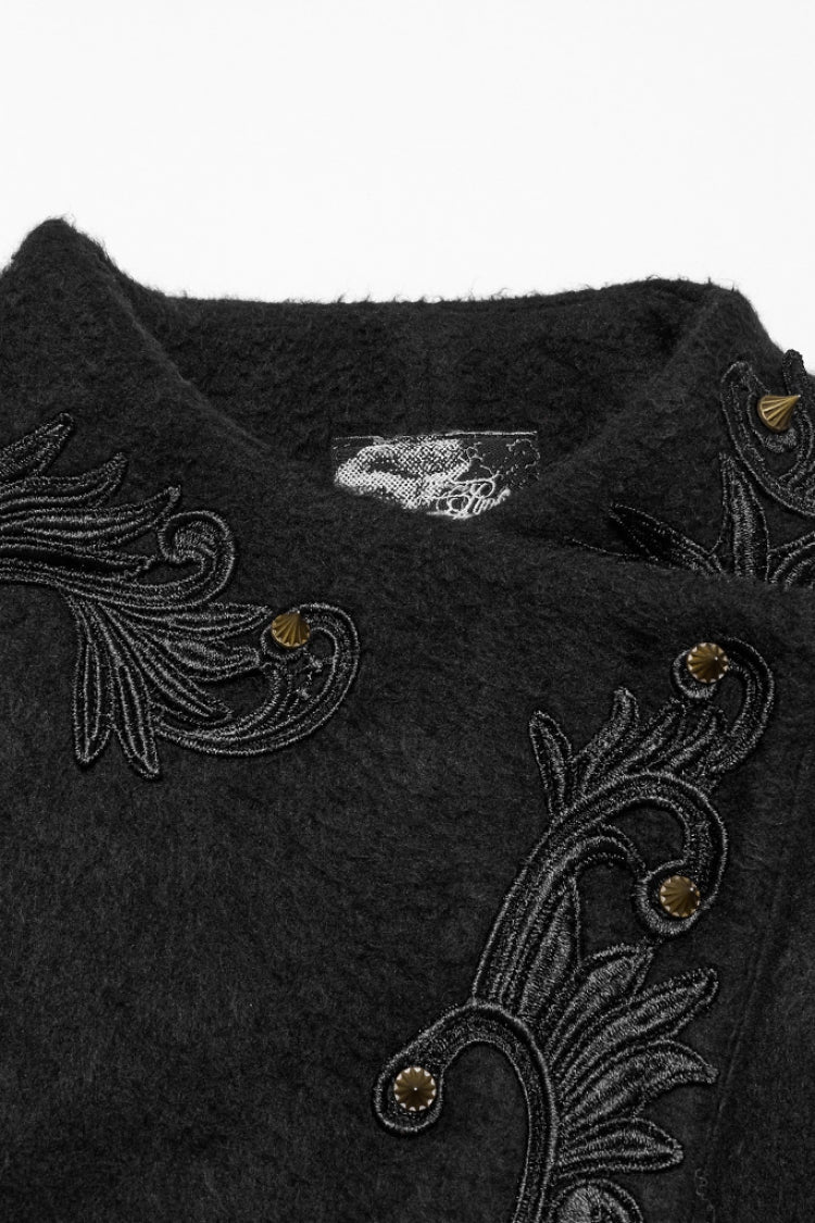 Ebony Long-Sleeve Studded Floral Embroidered Fur Gothic Coat