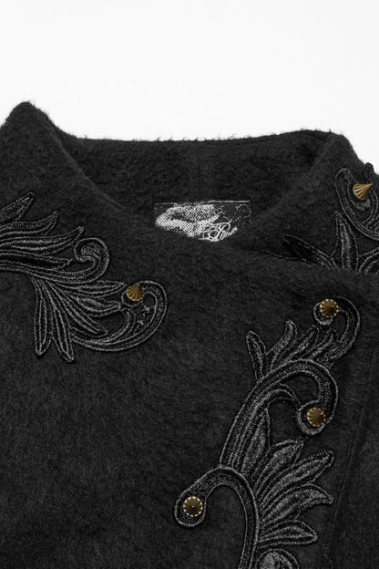 Ebony Long-Sleeve Studded Floral Embroidered Fur Gothic Coat