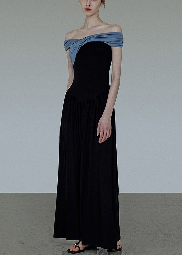 Dress Long Black Patchwork Slash Wrinkled Neck Original Cotton