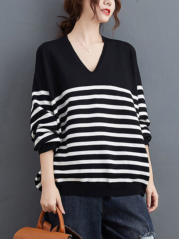 Casual Loose Black V-Neck Contrast Color Striped Long Sleeve Knit Sweater AN1035