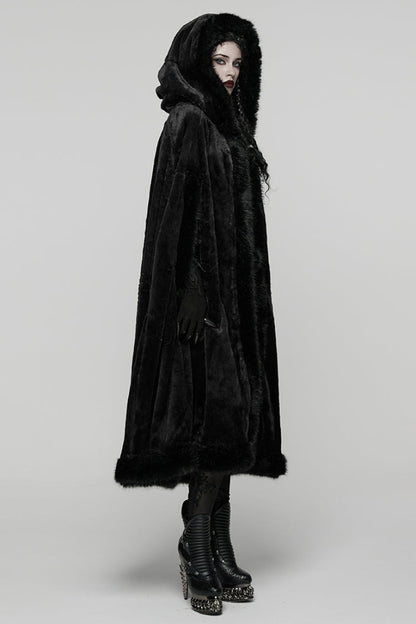 Women's Hooded Gothic Cloak Coat with Faux Fur Splicing Detail