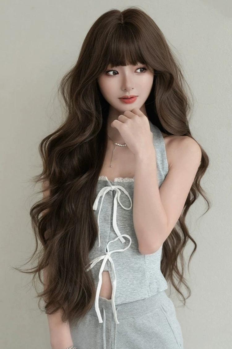 Fluffy Extra Long Loose Wave Sweet Lolita Wig with Full Bangs in Morandi Tea Brown