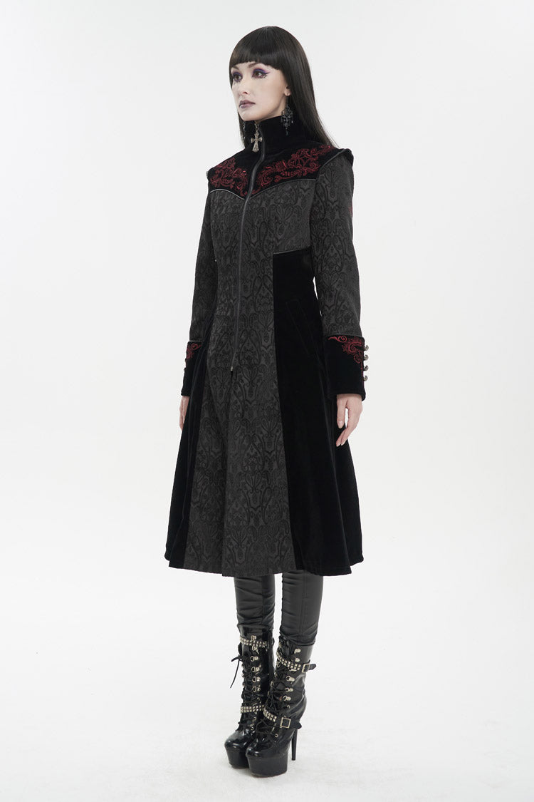 Embroidered Metal Cross Mushroom Buckle Studded Gothic Women's Coat in Black Jacquard